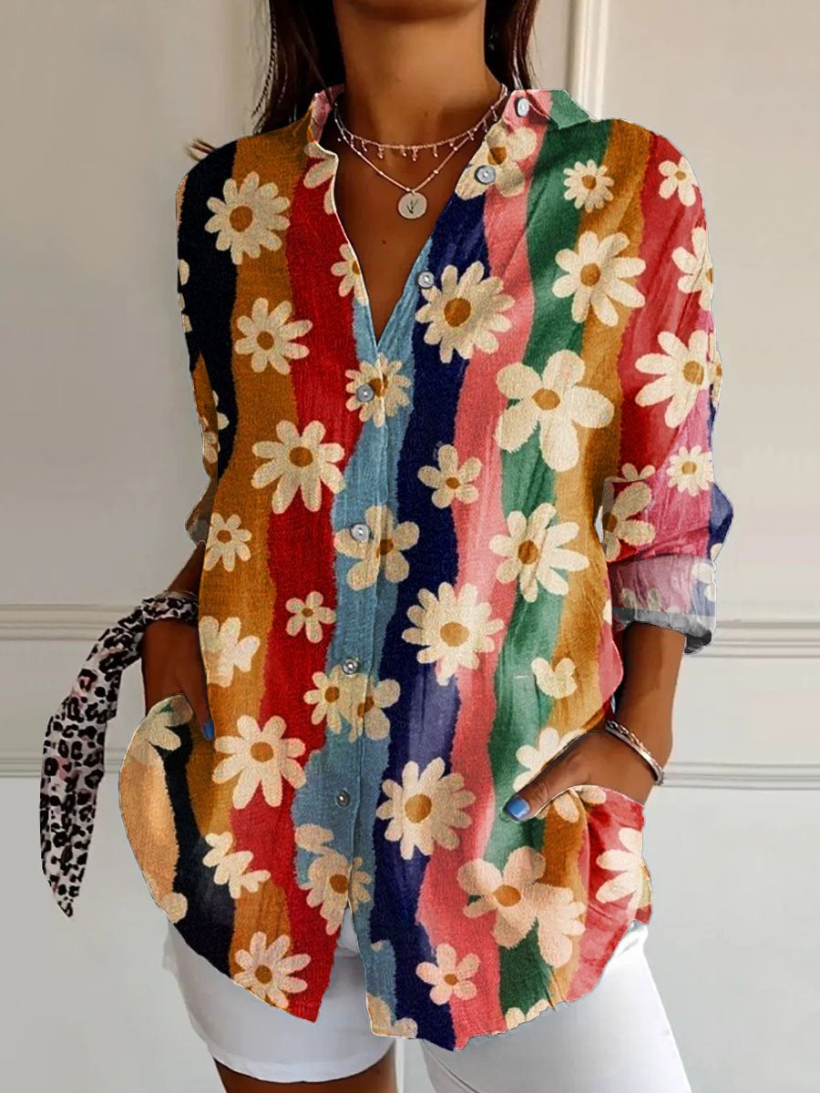 Women's Hippie Floral Art  Print Casual Cotton Shirt