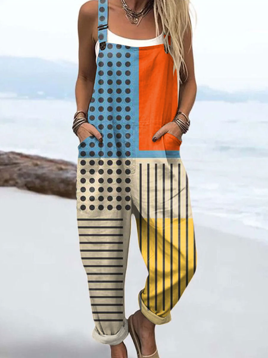 Women's Vintage  Abstract Geometry Art  Print Casual 100% Cotton Wide Leg Jumpsuit