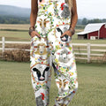Women's Cute Animals Floral Art Print Casual 100% Cotton Wide Leg Jumpsuit