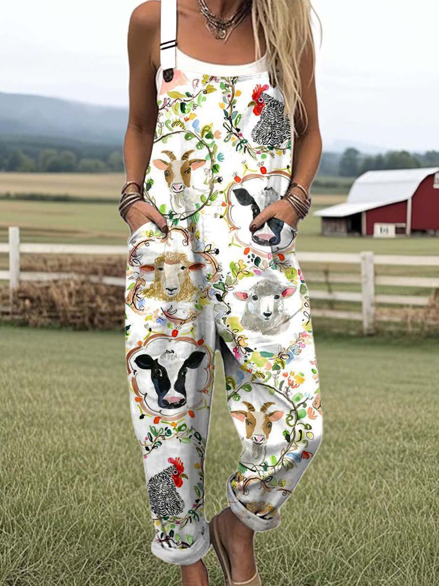 Women's Cute Animals Floral Art Print Casual 100% Cotton Wide Leg Jumpsuit