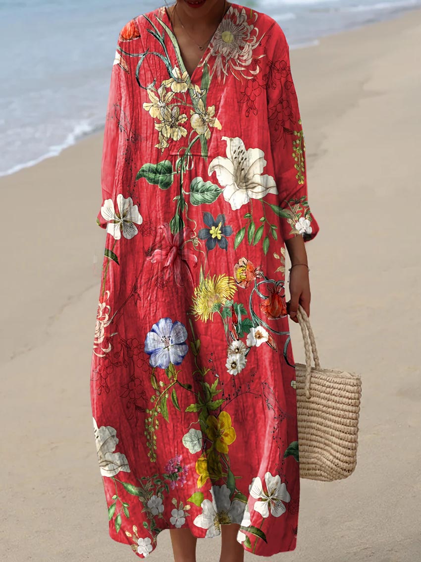 Women's Vintage Lovely Floral Art Print Cotton Dress