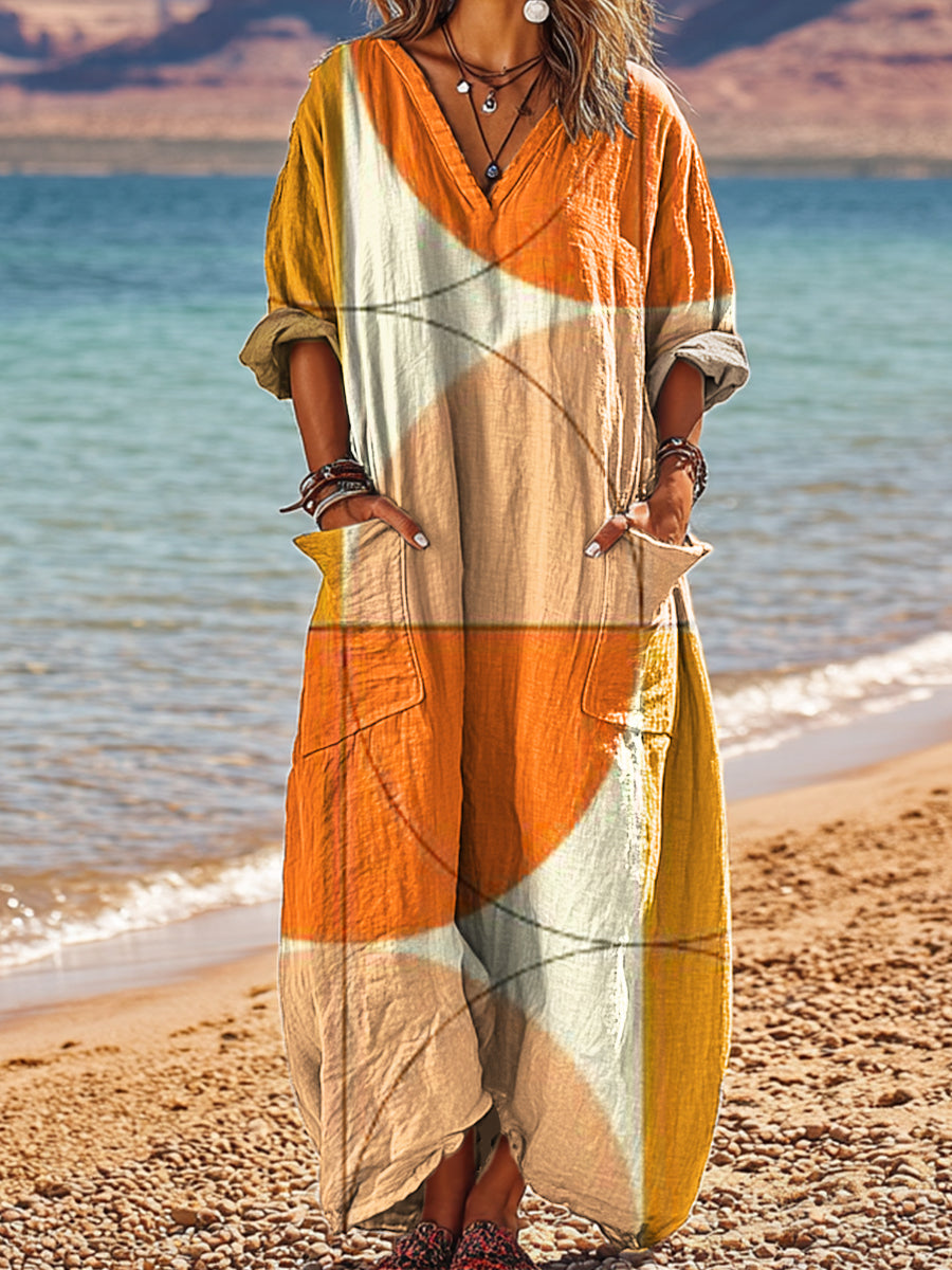 Women's Abstract Colorful Geometric Painting Art Print Pocket V-neck Cotton Dress