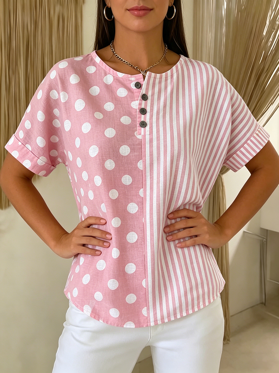 Artistic Polka Dot & Stripe Cotton-linen Henley Blouse