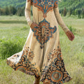 Women's Beautiful Vintage Ethnic Floral Geometric Art Print Long-sleeved Dress