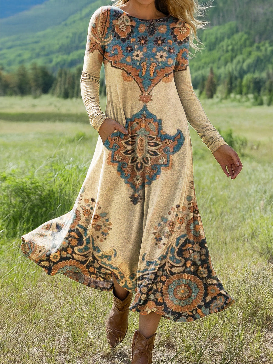 Women's Beautiful Vintage Ethnic Floral Geometric Art Print Long-sleeved Dress