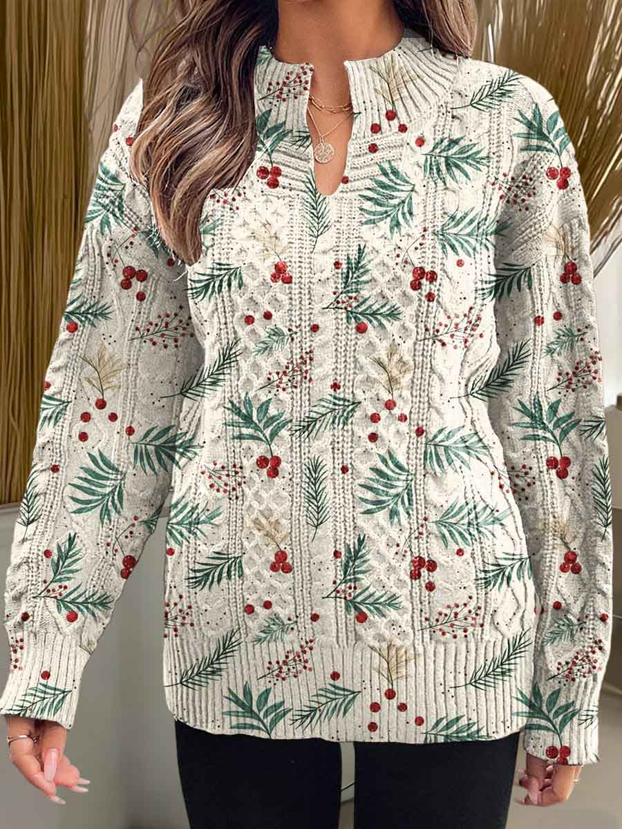 Women's Christmas Print V-Neck Long Sleeve Knitted Pullover Sweater