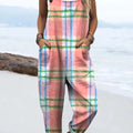 Women's Geometric Plaid Pattern Art Print Casual 100% Cotton Wide Leg Jumpsuit