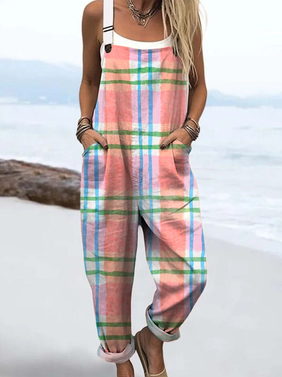 Women's Geometric Plaid Pattern Art Print Casual 100% Cotton Wide Leg Jumpsuit