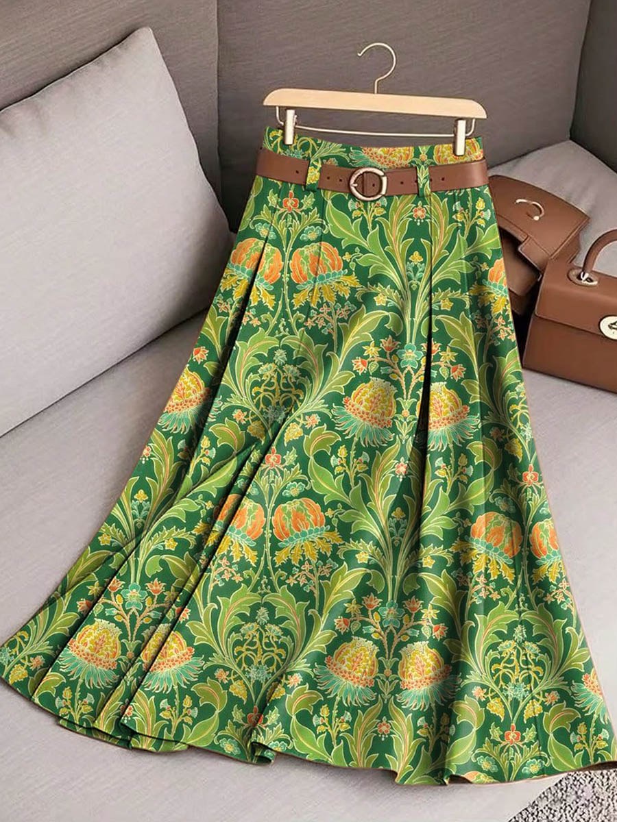 Women's Retro Floral Art Print Casual Cotton Skirt