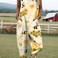 Women's Cute Bee Hive Flower Print Casual 100% Cotton Wide Leg Jumpsuit