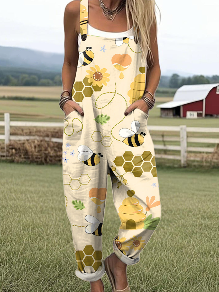 Women's Cute Bee Hive Flower Print Casual 100% Cotton Wide Leg Jumpsuit