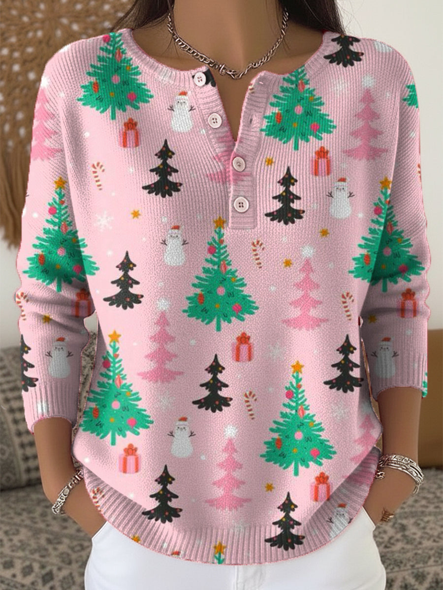 Beautiful Cute Winter Christmas Tree Painting Art Print Buttoned Cardigan Sweater