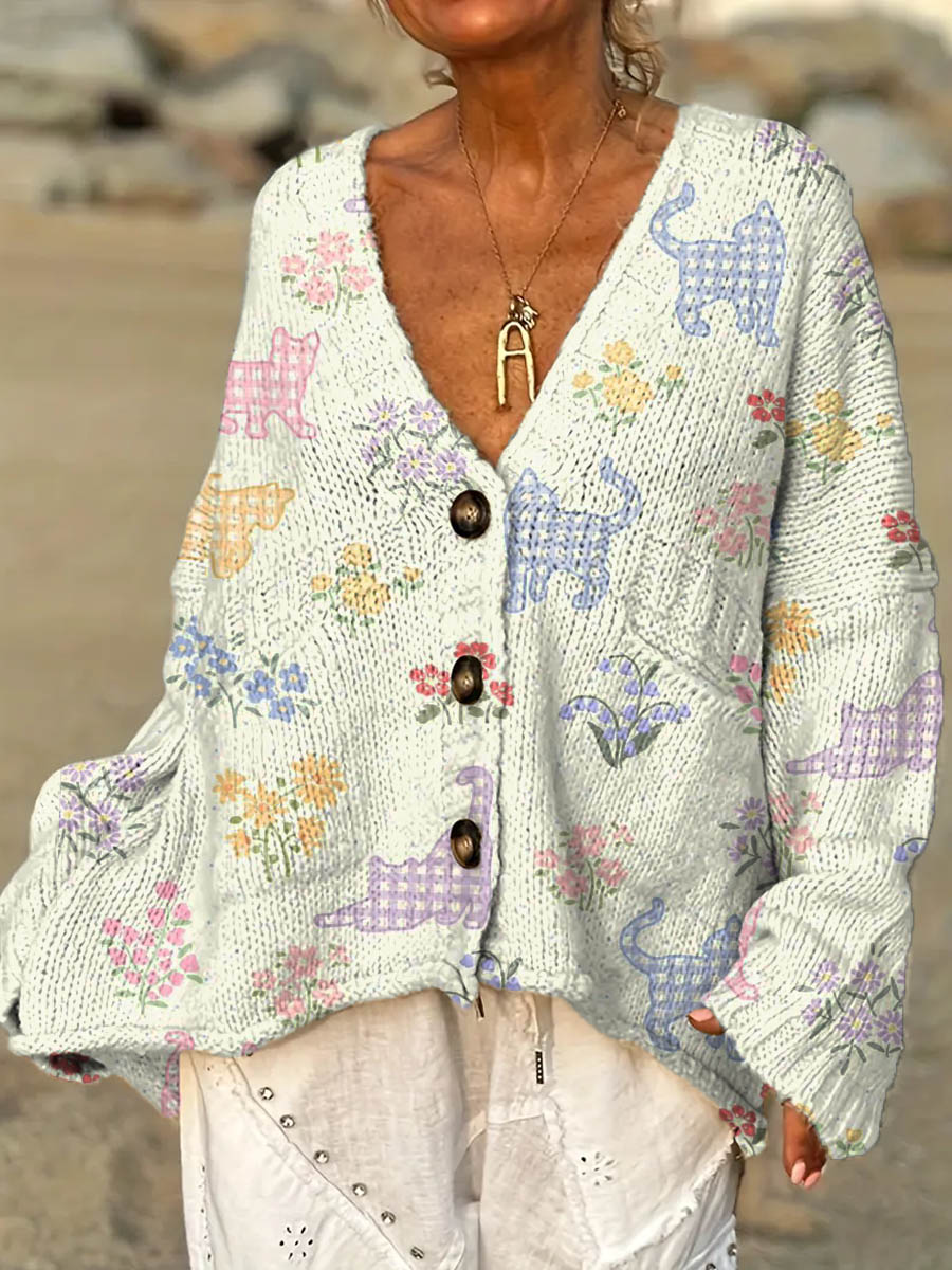 womens-lovely-cats-floral-pattern-art-print-casual-pullover-sweater