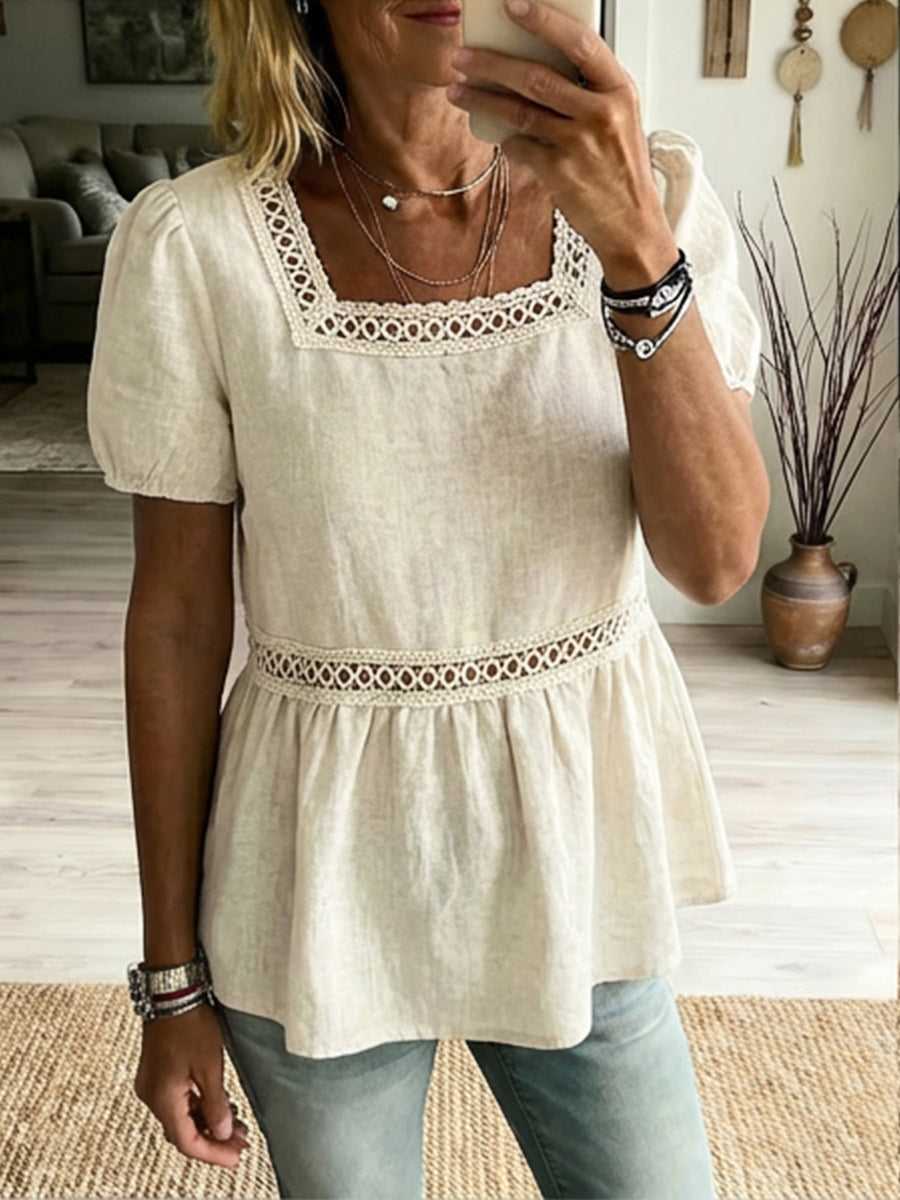 Casual Patchwork Openwork Webbing Linen And Cotton Shirt