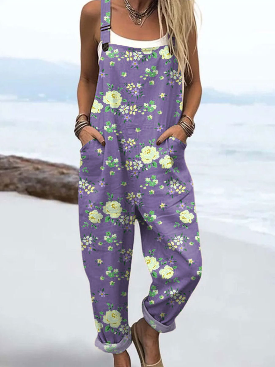 Women's Floral Art  Print Casual 100% Cotton Wide Leg Jumpsuit