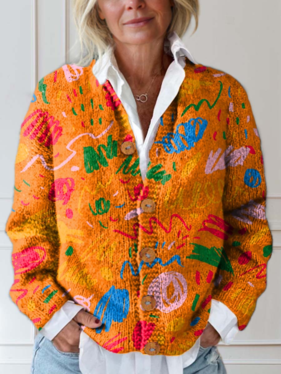 Women's Abstract Pattern Art Print Buttoned Cardigan Sweater