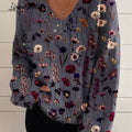 Women's  Flower Print Casual V-neck Pullover Knit