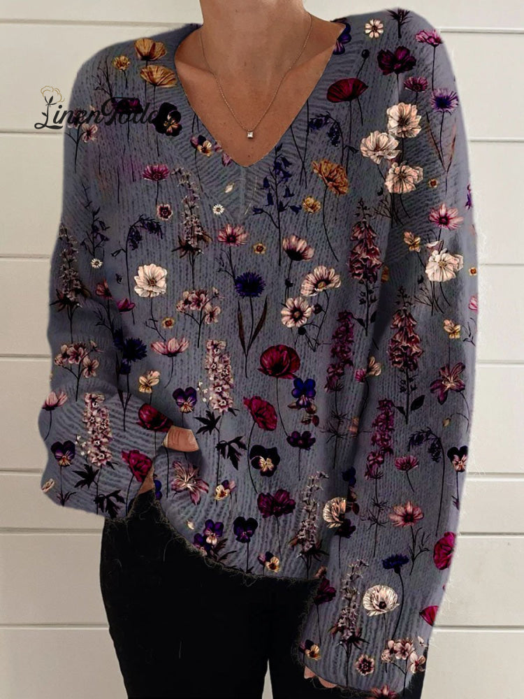 Women's  Flower Print Casual V-neck Pullover Knit