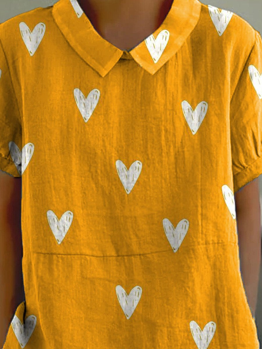 Lovely Hearts Repeat Pattern Printed Women's Casual Cotton And Linen Shirt
