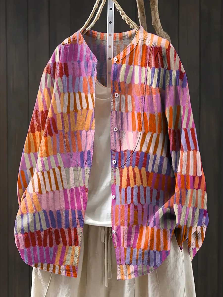 Women's Abstract Pattern Art Print Casual Cotton And Linen Shirt