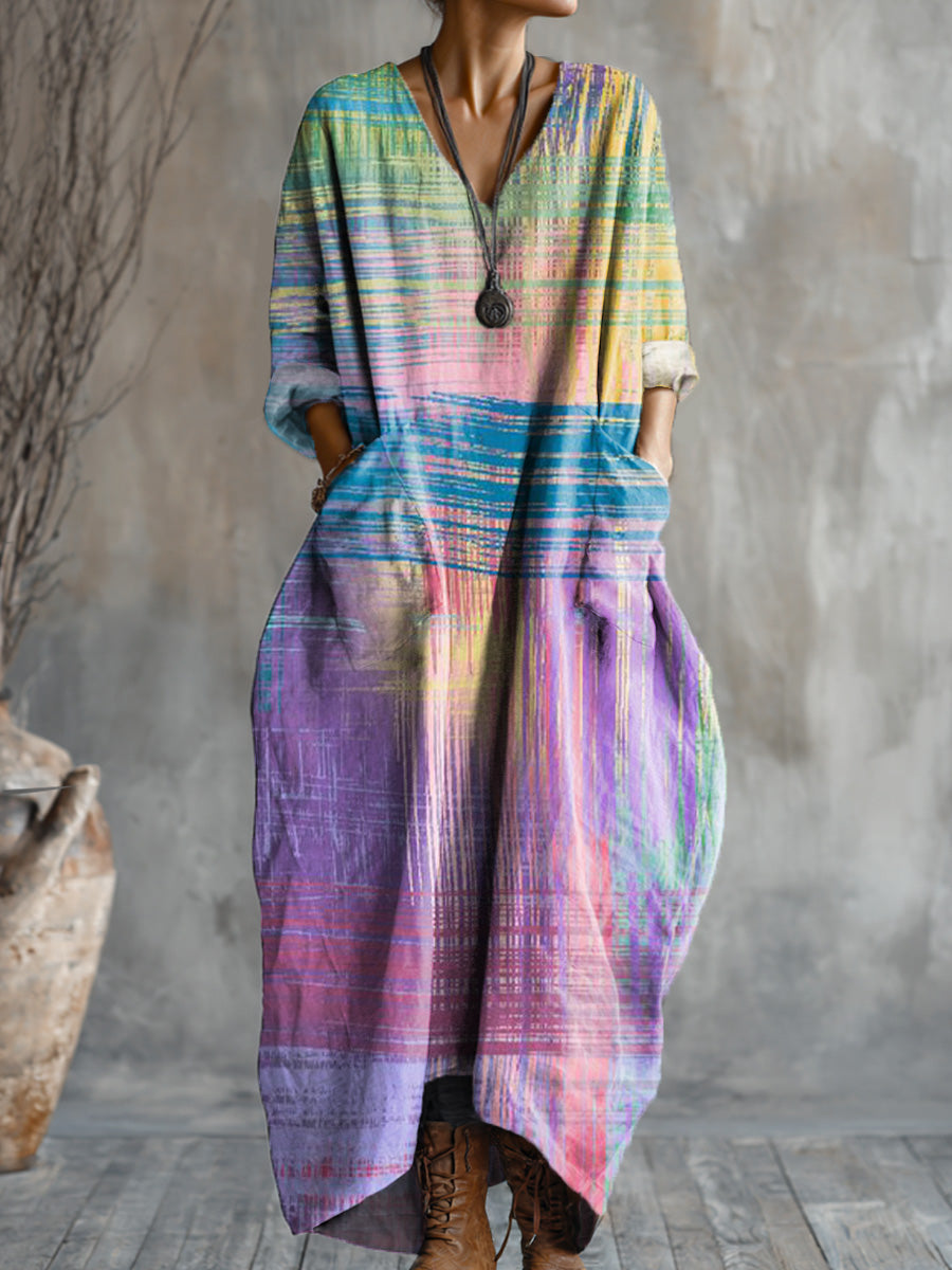 Women's Abstract Colorful Line Painting Art Print Pocket V-neck Cotton Dress