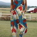 Women's  Vintage  Funny Chicken Art Print Casual 100% Cotton Wide Leg Jumpsuit
