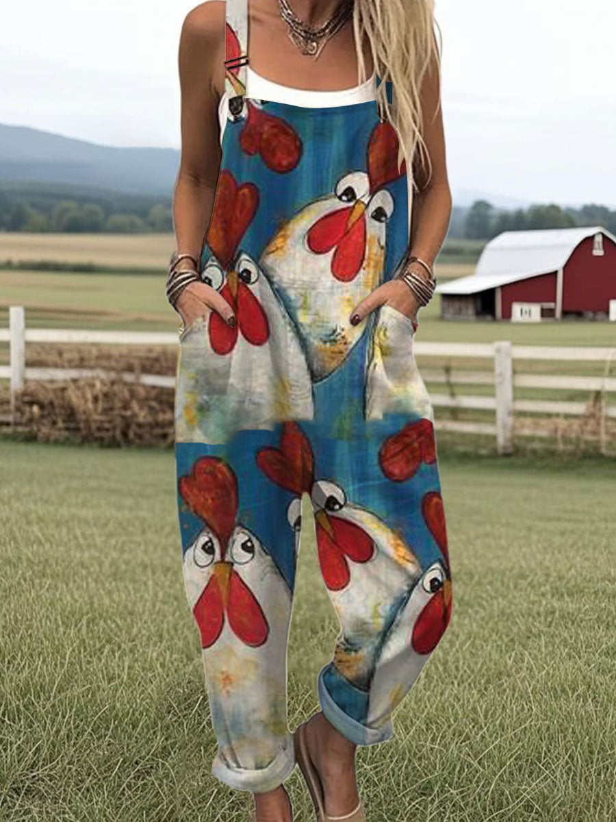 Women's  Vintage  Funny Chicken Art Print Casual 100% Cotton Wide Leg Jumpsuit