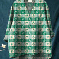 Green Spring Floral Check Pattern Printed Women's Casual Cotton And Linen V-Neck Shirt