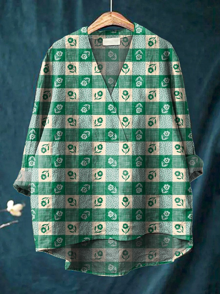 Green Spring Floral Check Pattern Printed Women's Casual Cotton And Linen V-Neck Shirt