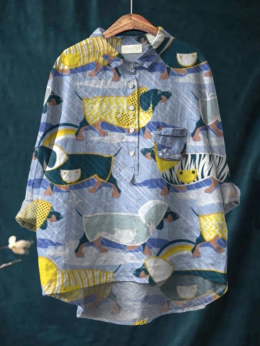Women's Dachshund Art Print Casual Cotton And Linen Shirt
