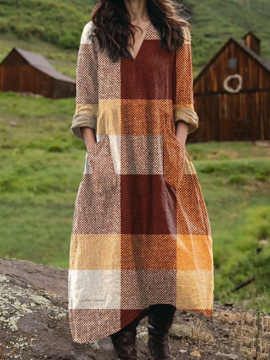 Women's Vintage Abstract Geometric Art Print Pocket V-neck Cotton Dress