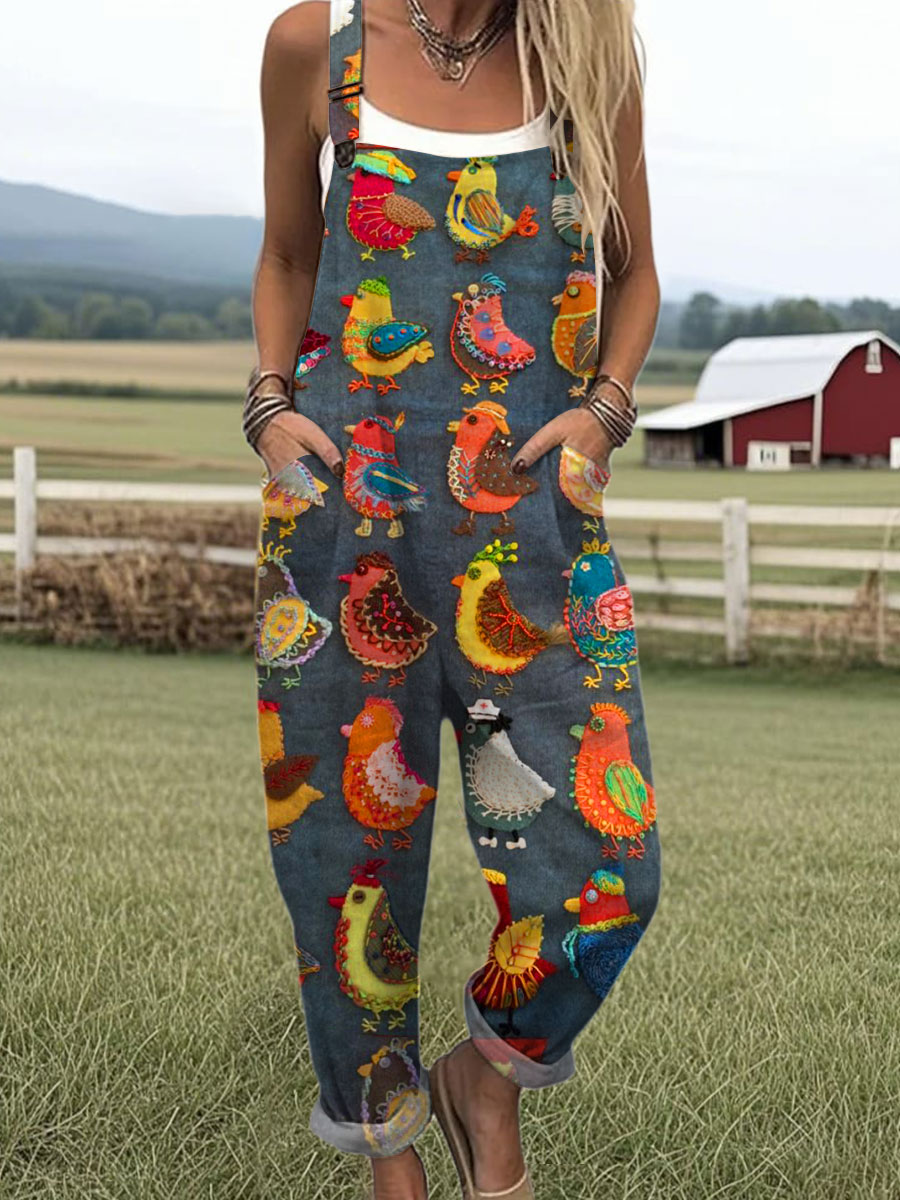 Women's Funny Chick Art Print Casual 100% Cotton Wide Leg Jumpsuit