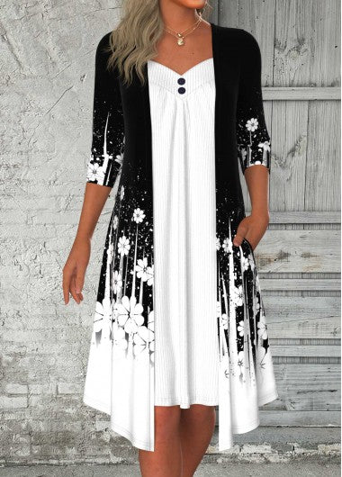 Black Fake 2in1 Floral Print A Line Dress
