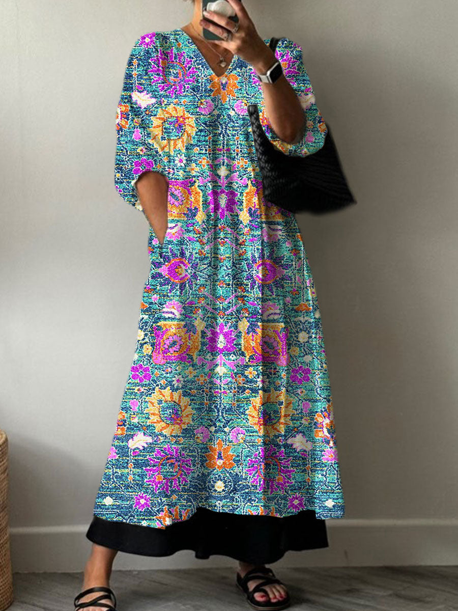 Women's Vintage Flower Art Print Pocket V-neck Cotton Dress