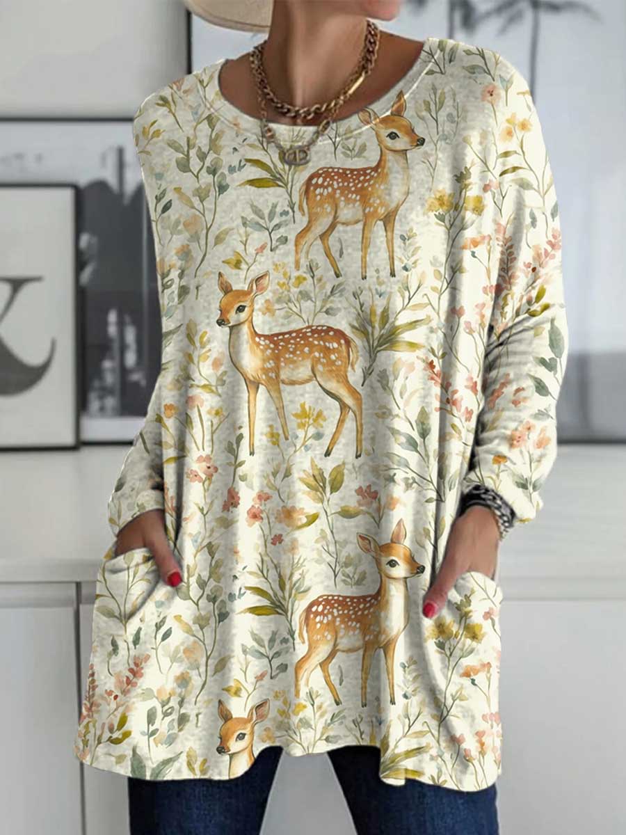 Women's Lovely Deer Floral Pattern Art Print Casual Long Sleeve T-shirt