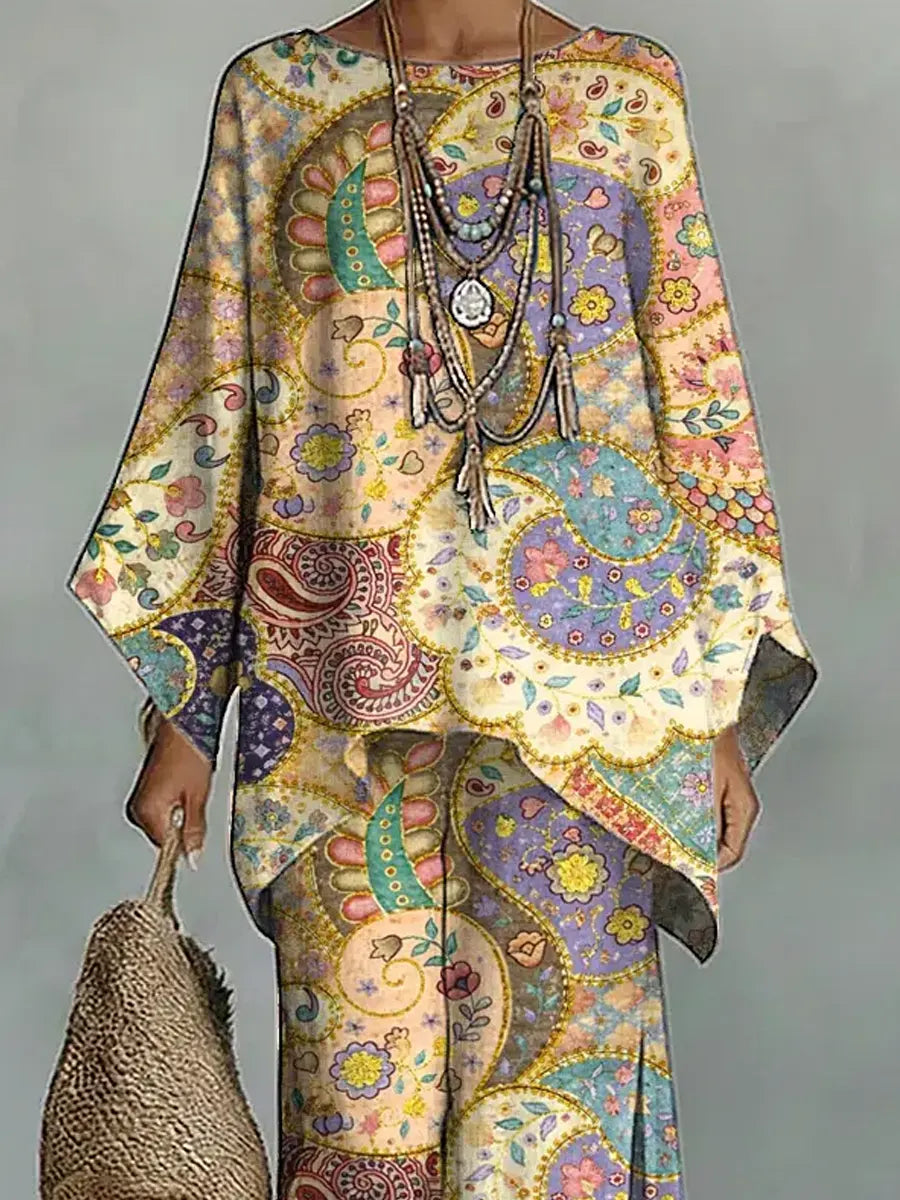 Women's Vintage Ethnic Floral Art Comfortable Loose Cotton Linen Wide-leg Pants Two-piece Set