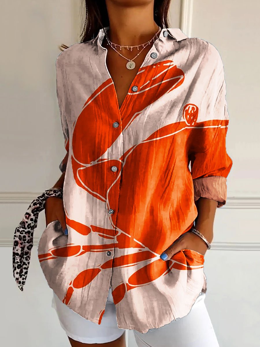 Women's Vintage Crab Art Print Casual Cotton Shirt