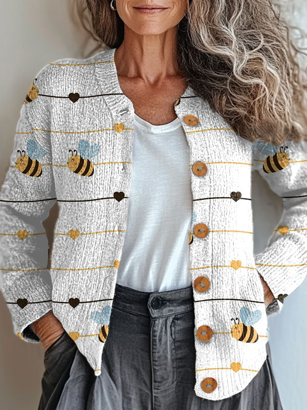 funny-bee-flower-art-print-buttoned-cardigan-sweater