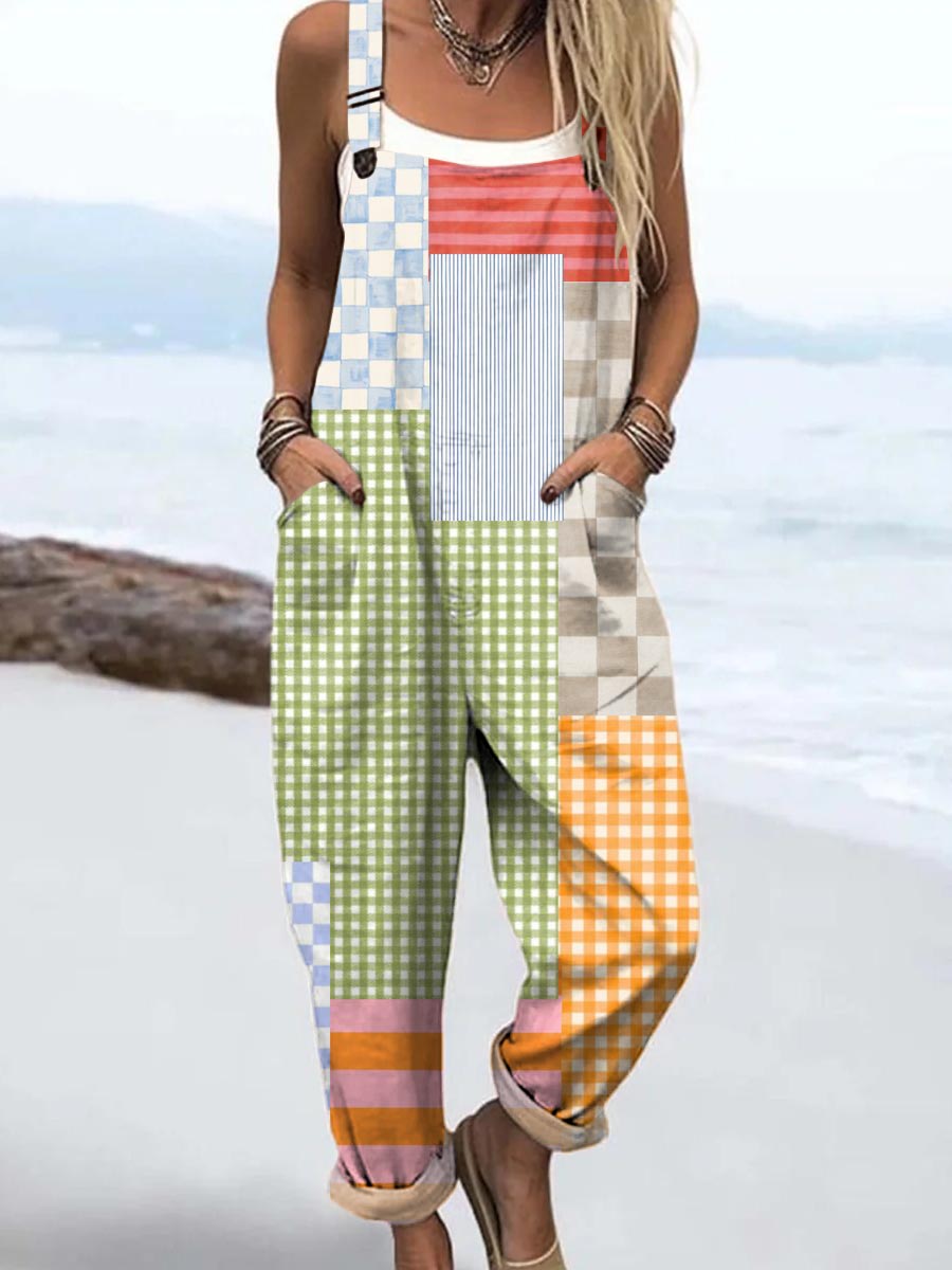 Women's Colourful Art Creative Geometry Print Casual 100% Cotton Wide Leg Jumpsuit