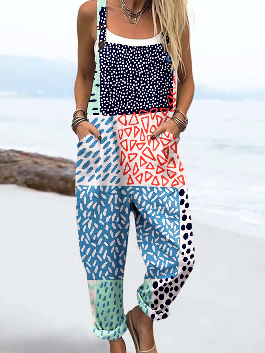 Women's Vintage Abstract Geometric Line Art Print Casual 100% Cotton Wide Leg Jumpsuit