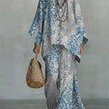 Women's Vintage Floral Art Comfortable Loose Cotton Linen Wide-leg Pants Two-piece Set