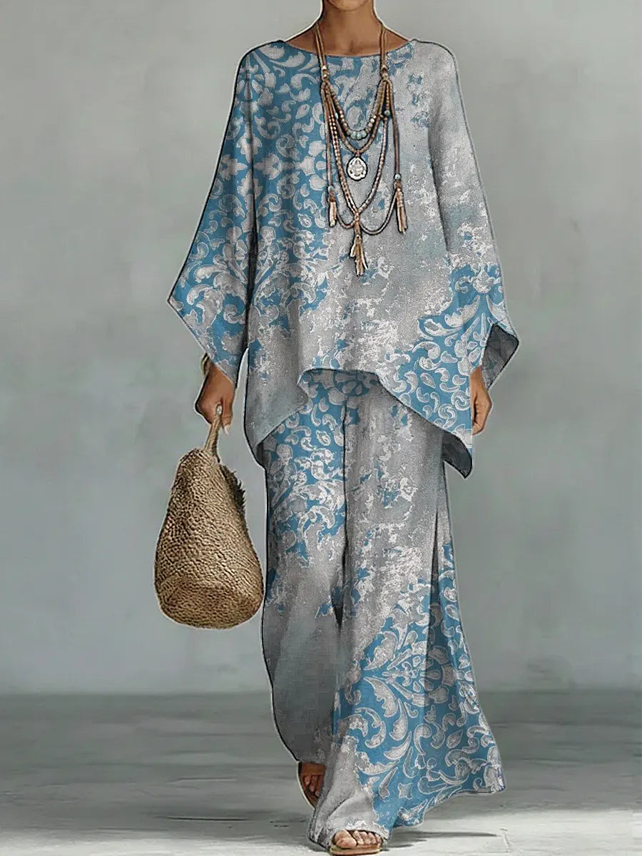 Women's Vintage Floral Art Comfortable Loose Cotton Linen Wide-leg Pants Two-piece Set