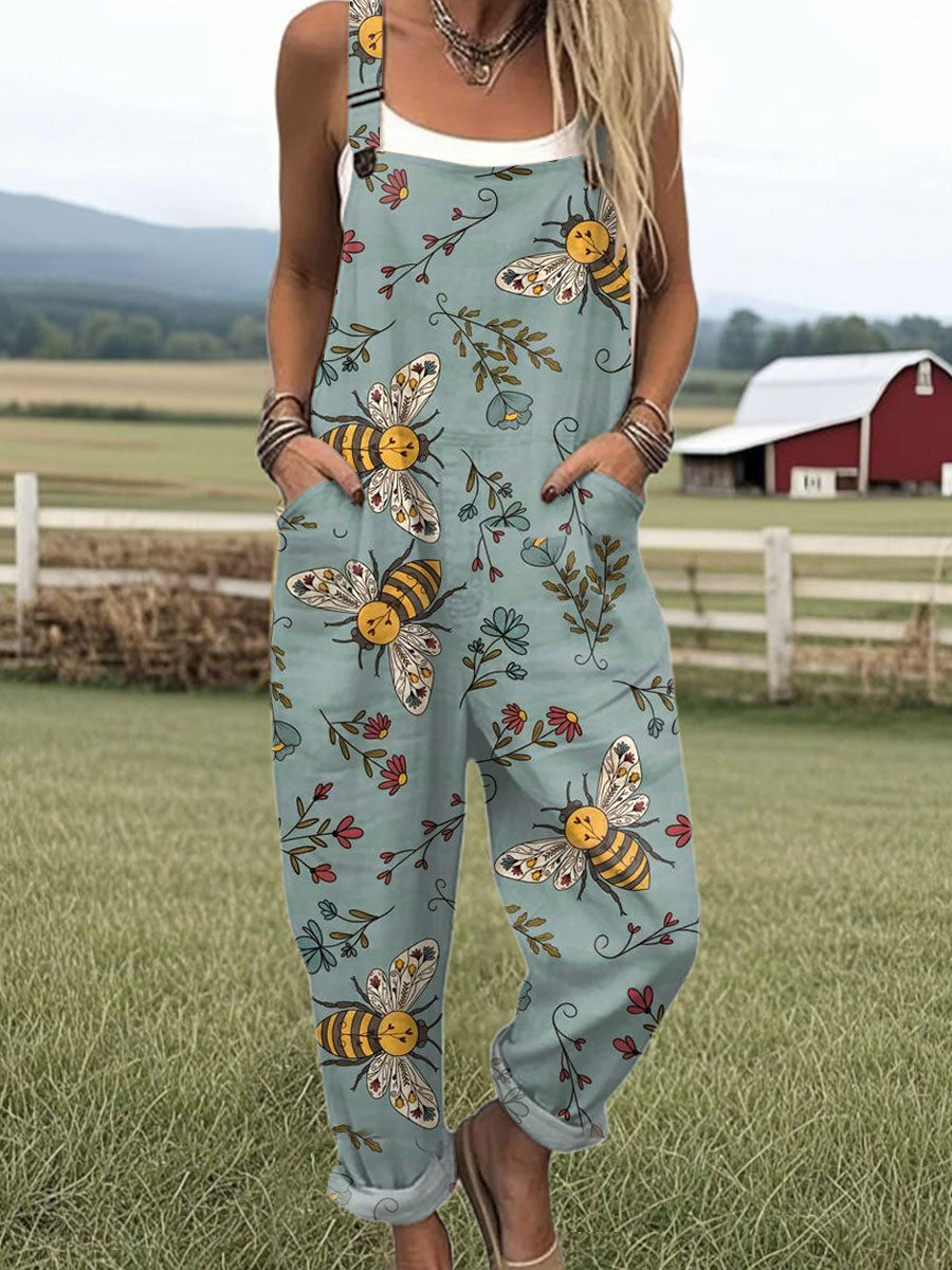 Women's  Funny Farm Bee Art Print Casual 100% Cotton Wide Leg Jumpsuit