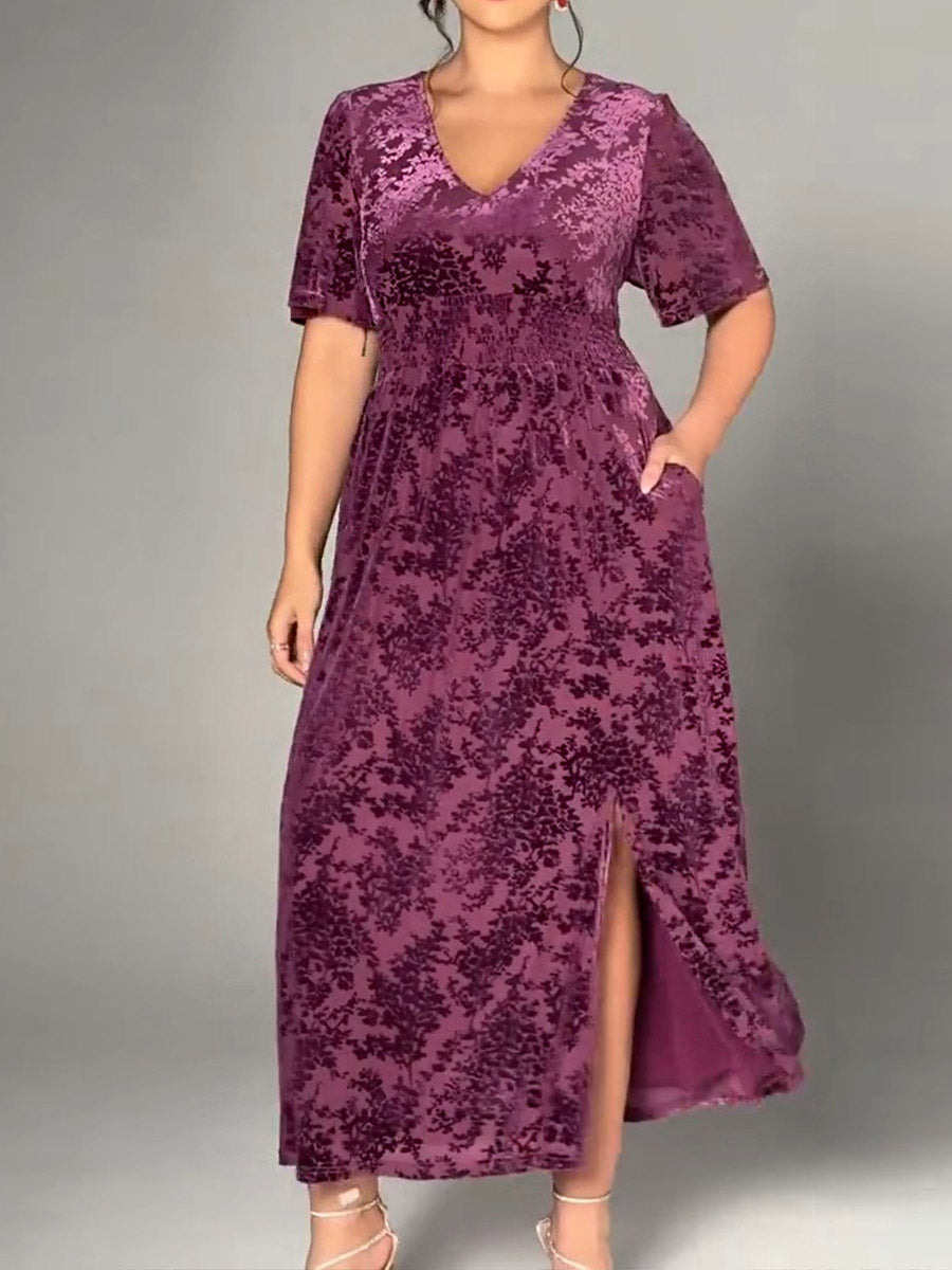 Women's Solid Color Velvet Devoré V-Neck Short Sleeve Casual Loose Dress