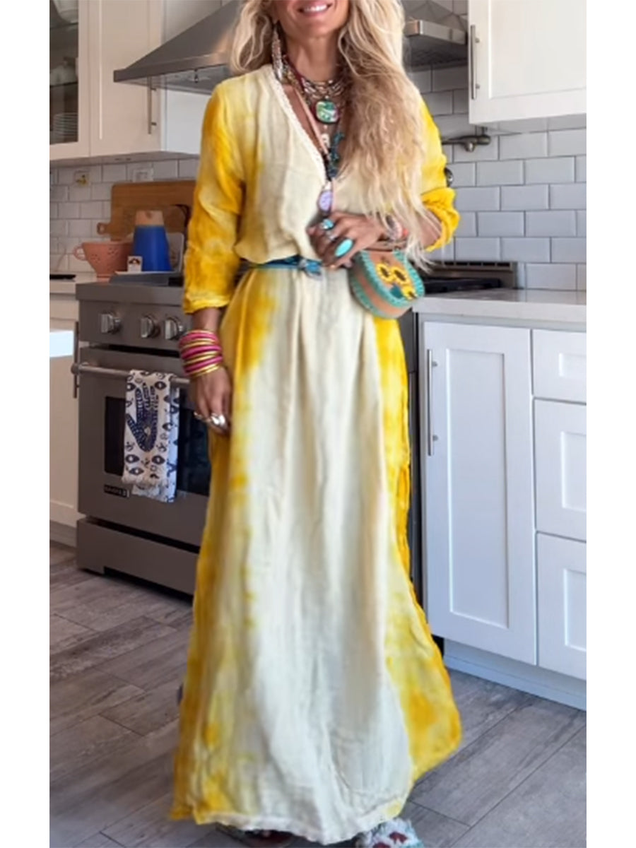 Women's Yellow Gradient Cotton and Linen Long Skirt