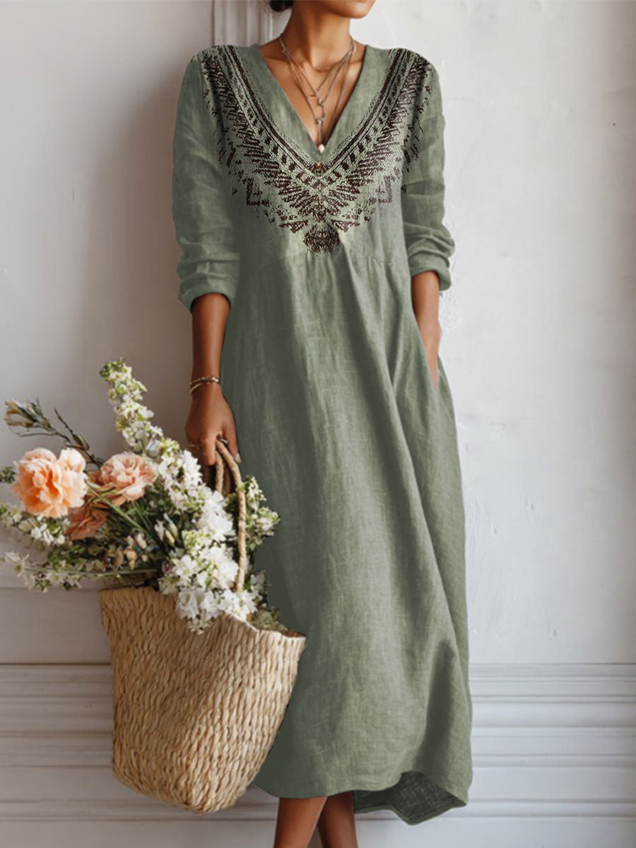 Women's Vintage Flower Art Print Linen Pocket Dress