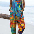 Women's Colorful Abstract Color Block Art Print Casual 100% Cotton Wide Leg Jumpsuit