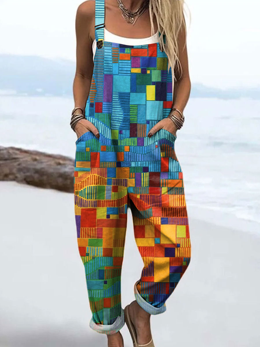Women's Colorful Abstract Color Block Art Print Casual 100% Cotton Wide Leg Jumpsuit