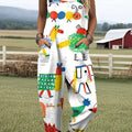 Women's Colourful Art Creative Animals Print Casual 100% Cotton Wide Leg Jumpsuit