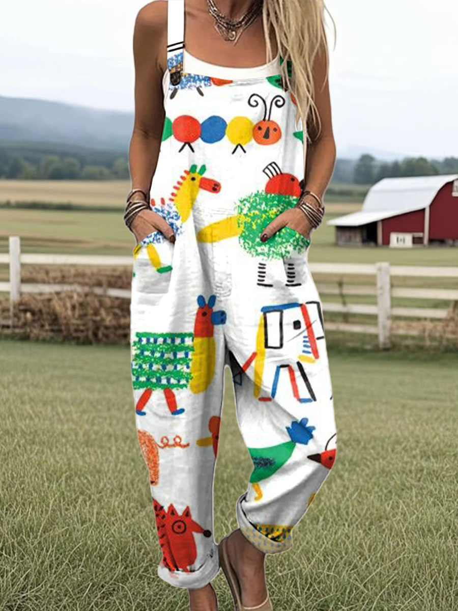 Women's Colourful Art Creative Animals Print Casual 100% Cotton Wide Leg Jumpsuit